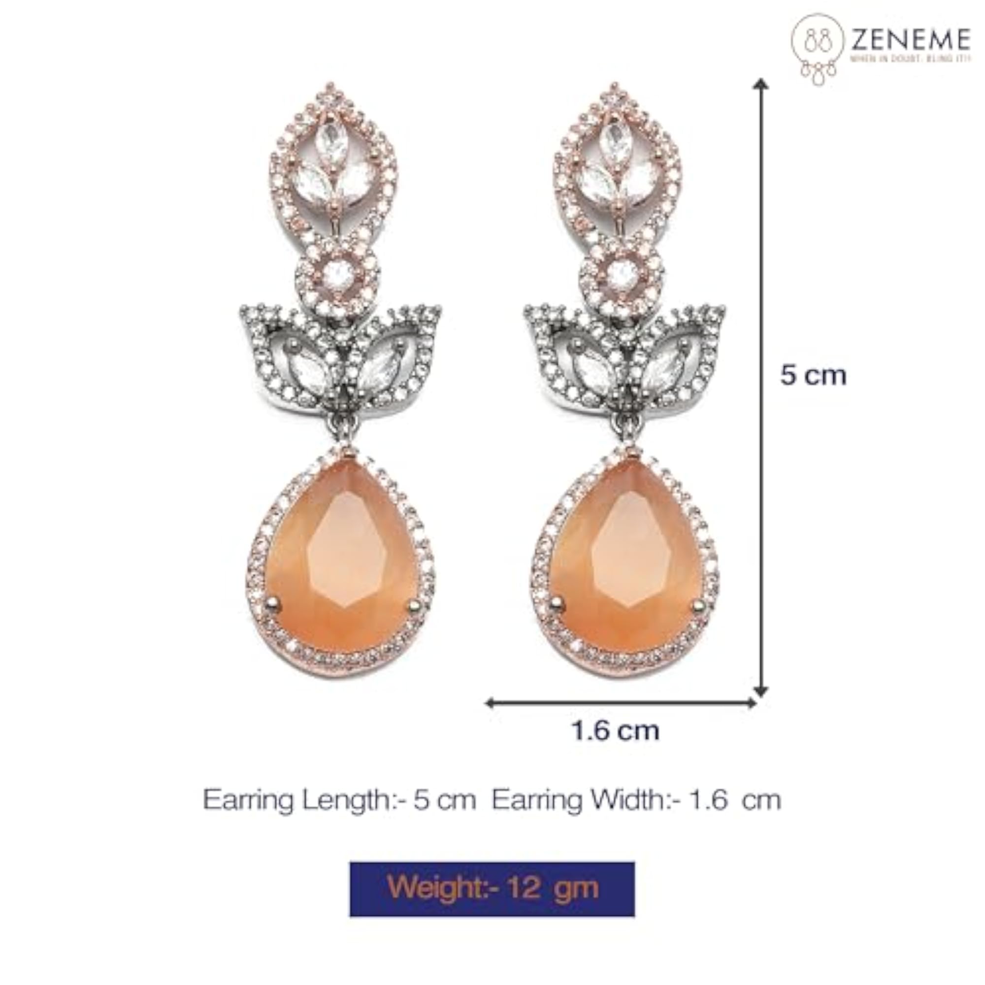 Women's Rose Gold & Oxidised Silver Dual Tone Peach Teardrop Dangler Earrings